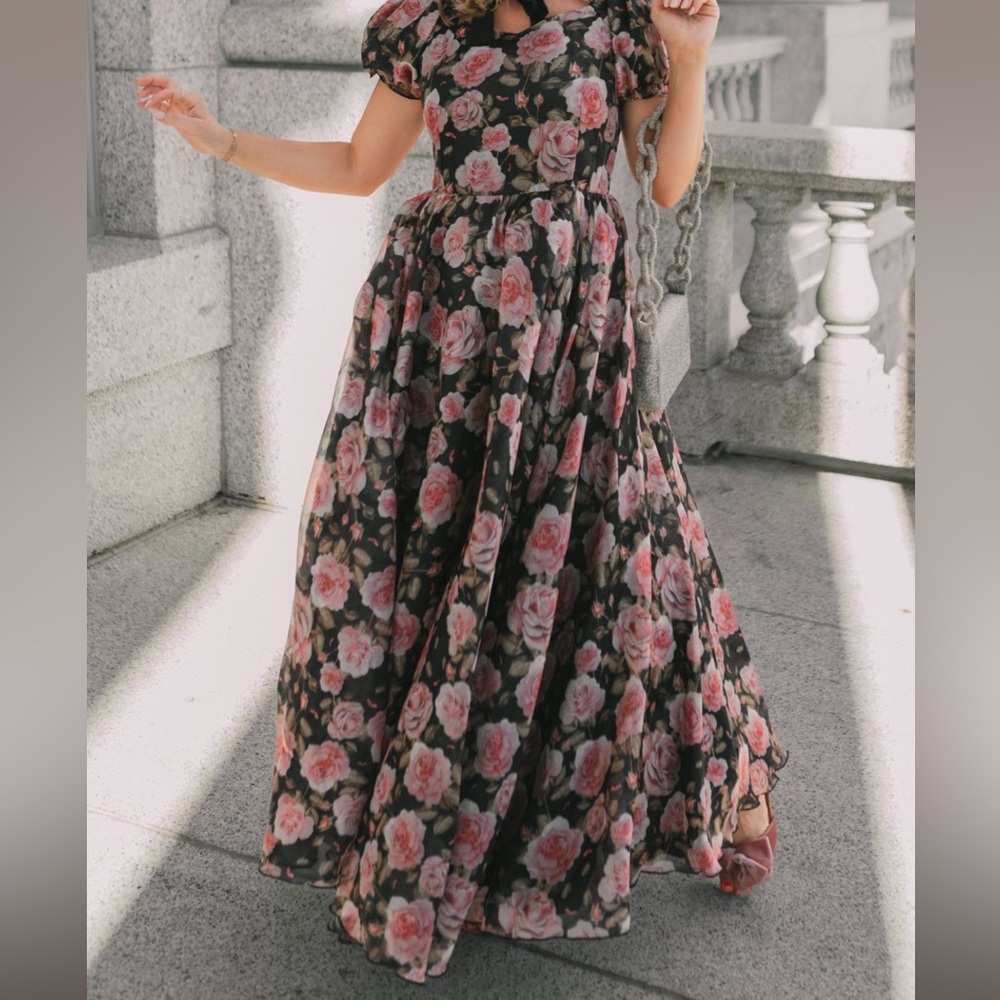 Floral Pink Rose Maxi Dress on Black - Elegant Women's Maxi